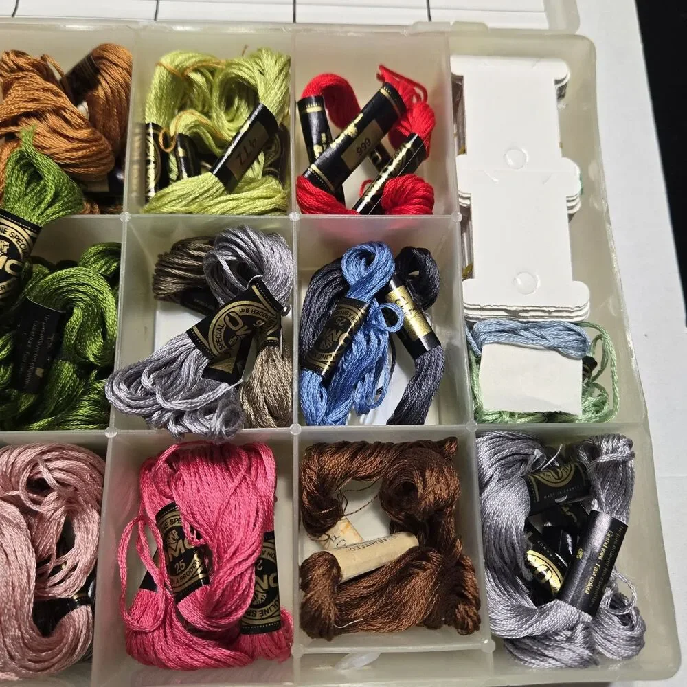Lot of DMC Embroidery Floss Skeins with 17-Compartment Storage Organizer